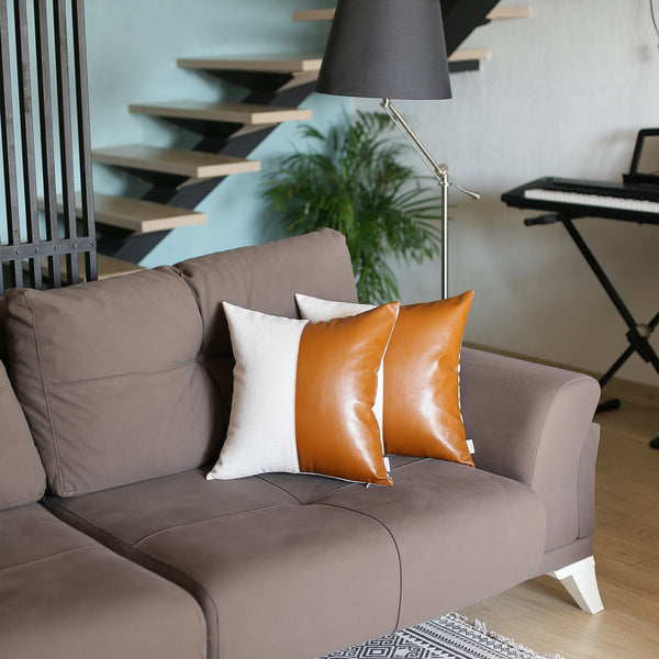 Set of 2 Bichrome Pearl White and Rustic Brown Faux Leather Pillow Covers