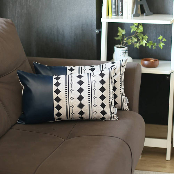 Set of 2 Diamond Patterns and Navy Blue Faux Leather Lumbar Pillow Covers