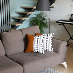 Set of 2 Half Diamond Patterns and Rustic Brown Faux Leather Lumbar Pillow Covers