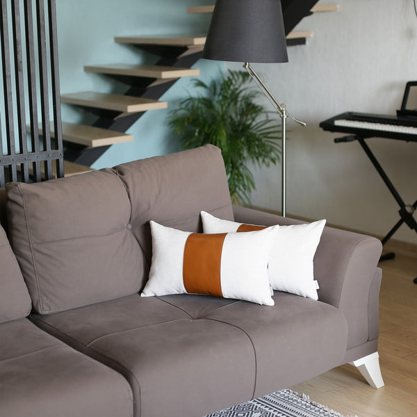 Set of 2 Porcelain White and Center Caramel Brown Faux Leather Pillow Covers