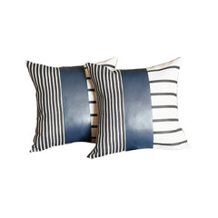 Set of 2 Monochromic Stripe Ends and Spruce Blue Faux Leather Lumbar Pillow Covers