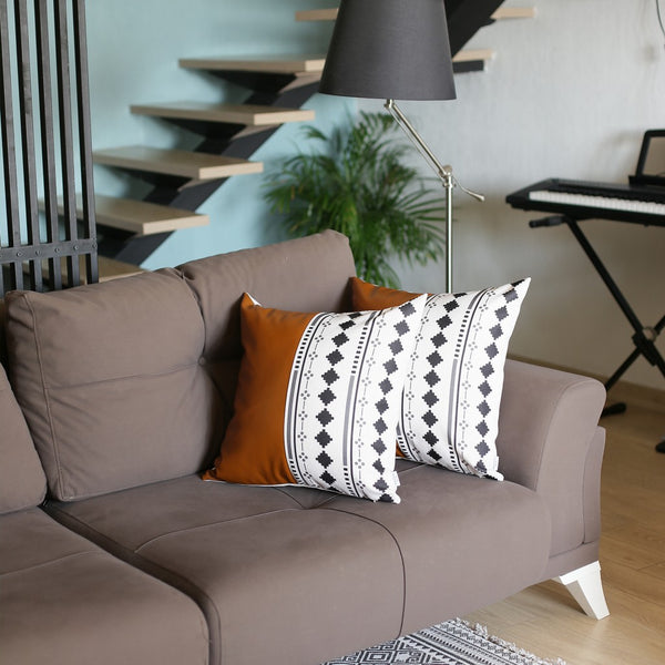 Set of 2 Half Brown Faux Leather and Diamond Patterns Lumbar Pillow Covers