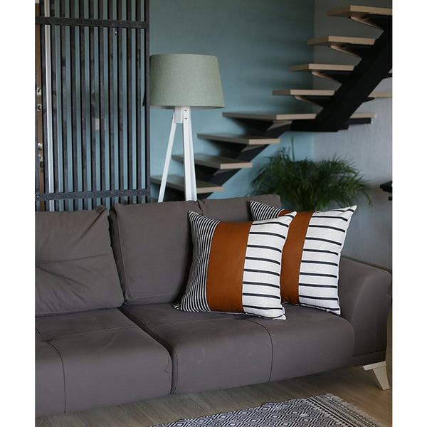 Set of 2 Monochromic Stripe Ends and Brown Faux Leather Lumbar Pillow Covers