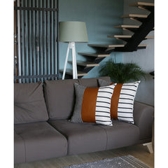 Set of 2 Monochromic Stripe Ends and Brown Faux Leather Lumbar Pillow Covers