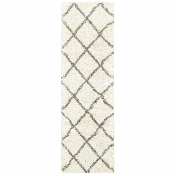 2’ x 8’ Ivory and Gray Geometric Lattice Runner Rug
