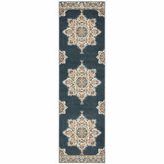 2’ x 7’ Blue and Beige Floral Medallion Indoor Runner Rug