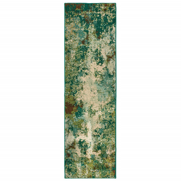 2’ x 8’ Teal and Pickle Green Abstract Indoor Runner Rug