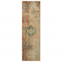 2’ x 8’ Brown and Gold Medallion Indoor Runner Rug