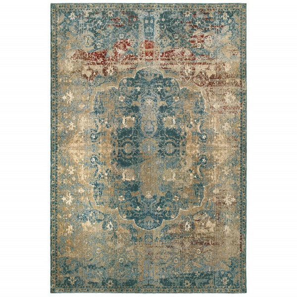 7’ x 10’ Sand and Blue Distressed Indoor Area Rug