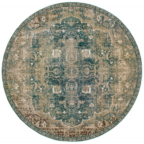 8’ Round Sand and Blue Distressed Indoor Area Rug