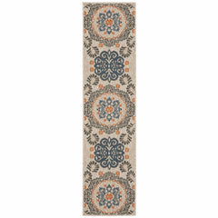 8' Grey Blue  Floral Indoor Outdoor Runner Rug