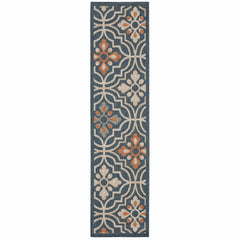 8' Blue Orange Floral Lattice Indoor Outdoor Runner Rug