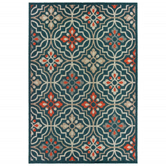 3' x 5' Blue Orange Floral Lattice Indoor Outdoor Area Rug