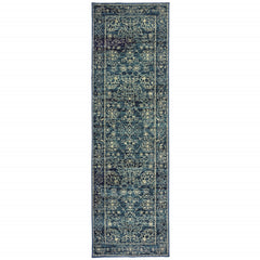 8' Navy Beige Machine Woven Oriental Indoor Runner Rug