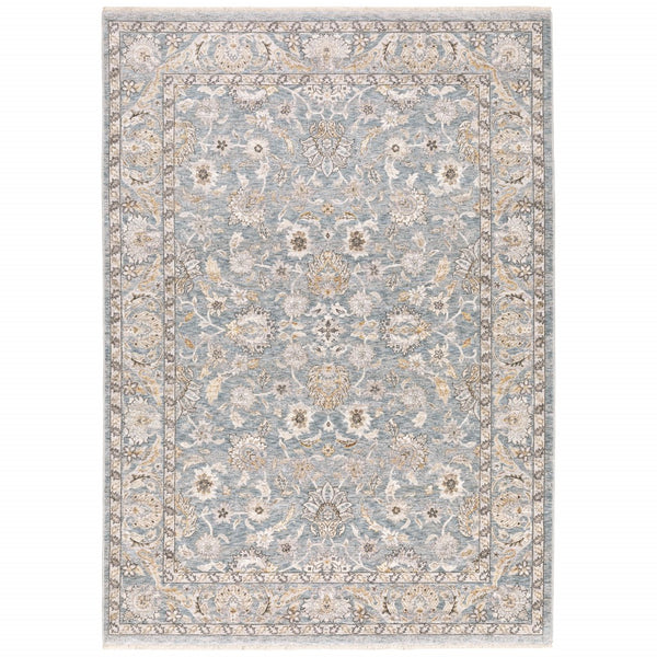 6' x 9' Blue Ivory Machine Woven Floral Oriental Indoor Area Rug