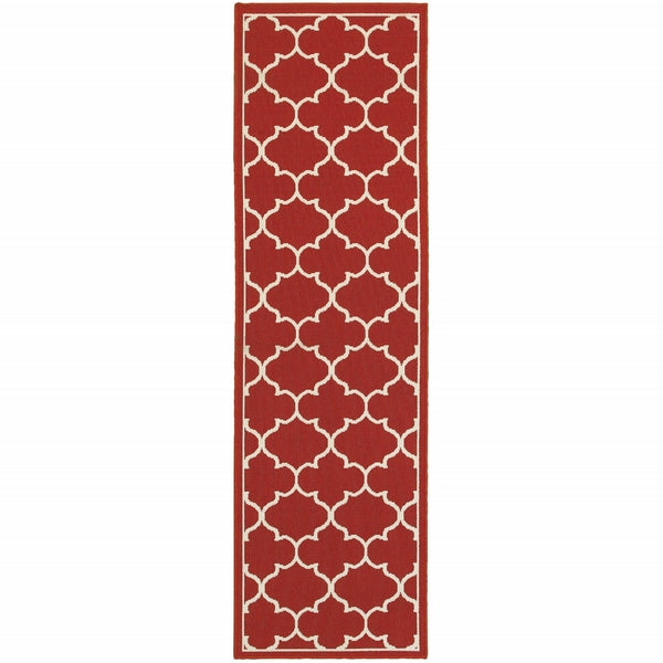 2’x8’ Red and Ivory Trellis Indoor Outdoor Runner Rug