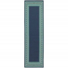 2’x8’ Navy and Green Geometric Indoor Outdoor Runner Rug