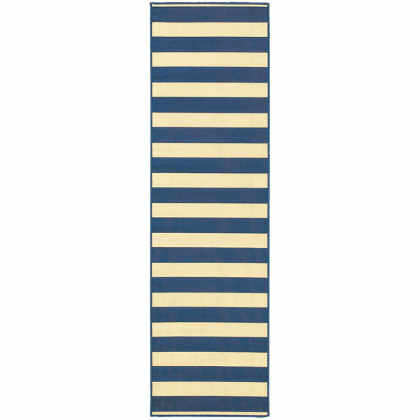 2’x8’ Blue and Ivory Striped Indoor Outdoor Runner Rug