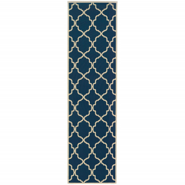 2’x8’ Blue and Ivory Trellis Indoor Outdoor Runner Rug
