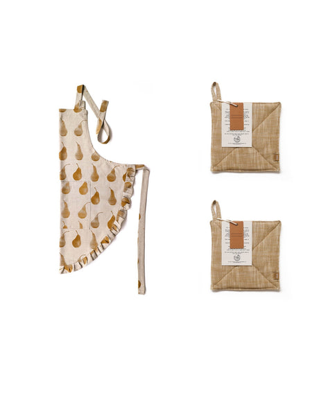 Set of Pale Yellow Pear Design Apron with Two Trivets