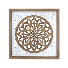 White Ethnic Wood and Metal Square Wall Plaque