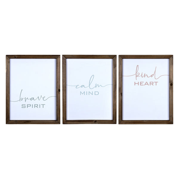 Set of 3 Wooden Brave Calm Kind Wall Frame Decor