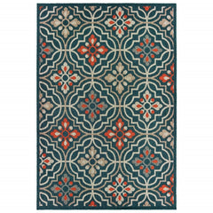 10'x13' Blue Orange Machine Woven Floral Lattice Indoor or Outdoor Area Rug