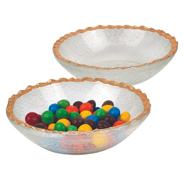 Set of Two 6 Bubble Glass Bowls With Scalloped Gold Rims