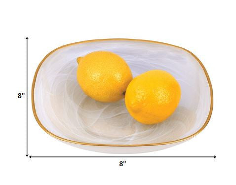 8 White Alabaster Square Glass Bowl With Gold Rim