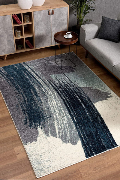 5’ Round White and Blue Abstract Strokes Area Rug