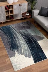 5’ Round White and Blue Abstract Strokes Area Rug