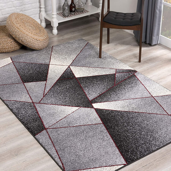 5’ Round Gray and Red Prism Pattern Area Rug