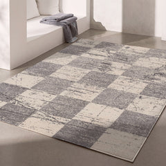 4’ x 6’ White and Gray Checkered Area Rug