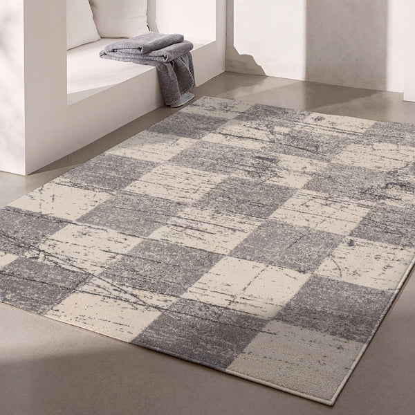 8’ x 11’ White and Gray Checkered Area Rug