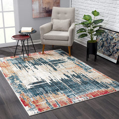 5’ Round Blue and Red Mod Distressed Area Rug