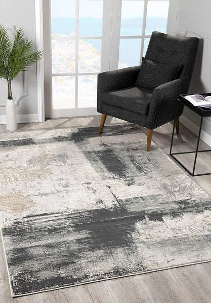 2’ x 5’ Cream and Gray Abstract Patches Area Rug