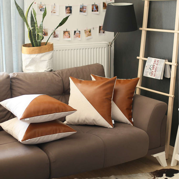 Set of 4 White and Faux Leather Lumbar Pillow Covers