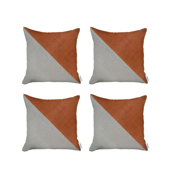 Set of 4 White and Faux Leather Lumbar Pillow Covers