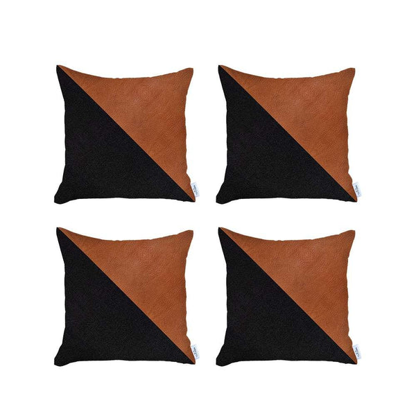 Set of 4 Black and Faux Leather Lumbar Pillow Covers