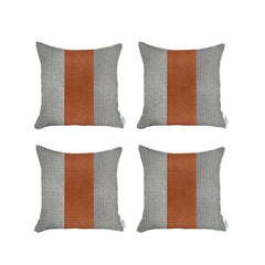 Set of 4 White and Brown Faux Leather Pillow Covers