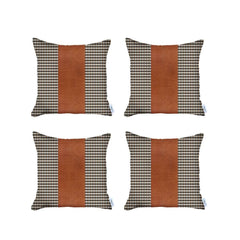 Set of 4 Brown Checkered Faux Leather Pillow Covers