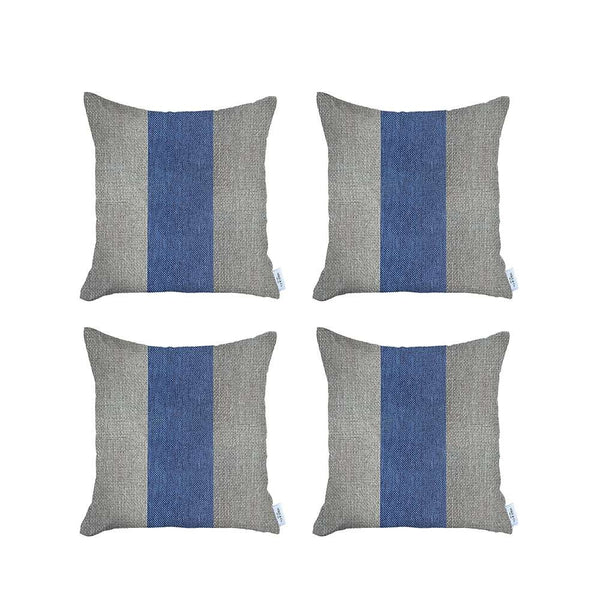 Set of 4 Ivory and Blue Center Pillow Covers