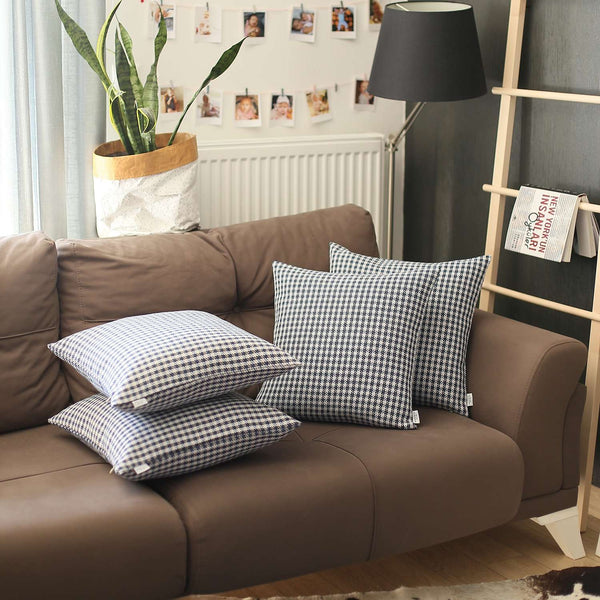 Set of 4 Blue Houndstooth Pillow Covers