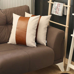 Set of 2 White and Brown Faux Leather Pillow Covers