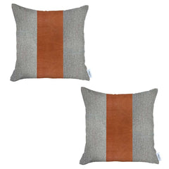 Set of 2 White and Brown Faux Leather Pillow Covers