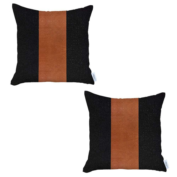 Set of 2 Black and Brown Faux Leather Pillow Covers