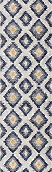 2’ x 10’ Blue and Gray Kilim Pattern Runner Rug