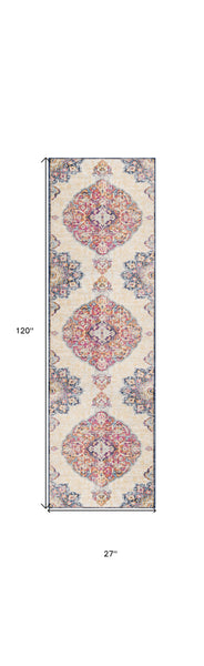 2’ x 10’ Cream Decorative Medallion Runner Rug