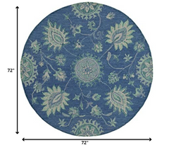 6’ Round Navy and Green Floral Vines Area Rug