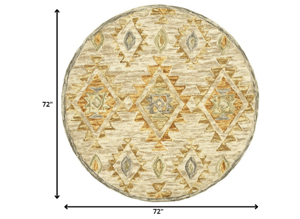 6’ Round Beige and Gold Diamond Area Rug